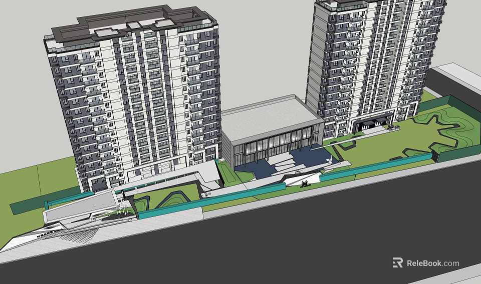 Modern Residential Entrance Gate With High Rise Buildings Greenery And Steps 3d model 