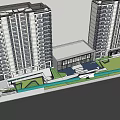 Modern Residential Entrance Gate With High Rise Buildings Greenery And Steps