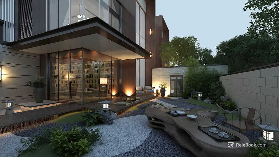 Modern Courtyard Garden With Stone Path Wooden Table Tea Sets And Green Plants 3d model 