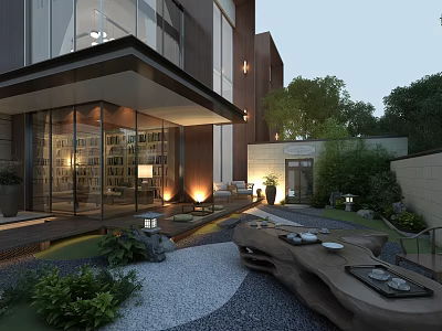 Modern Courtyard Garden With Stone Path Wooden Table Tea Sets And Green Plants 3d model