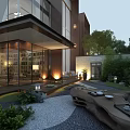 Modern Courtyard Garden With Stone Path Wooden Table Tea Sets And Green Plants