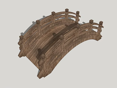 Traditional Wooden Landscape Bridge With Curved Arch And Ornate Railings 3d model