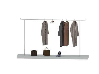 Stylish Clothes Hanging On Rack With Brown Bags And High Heels 3d model