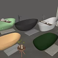 Freestanding Oval Bathtubs in Various Colors with Side Tables and Plants