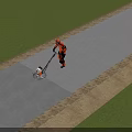 Industrial Park Maintenance Worker Pushing Equipment On Gray Pavement Beside Green Grass And Dirt Slope