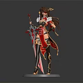 Horned Female Fantasy Warrior With Long Brown Hair Red Gold Outfit And Weapon On Pedestal