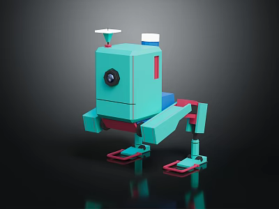 3D Model Turquoise Square Robot With Camera Eye Antenna Red Feet And Limbs 3d model