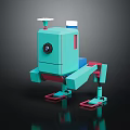 3D Model Turquoise Square Robot With Camera Eye Antenna Red Feet And Limbs
