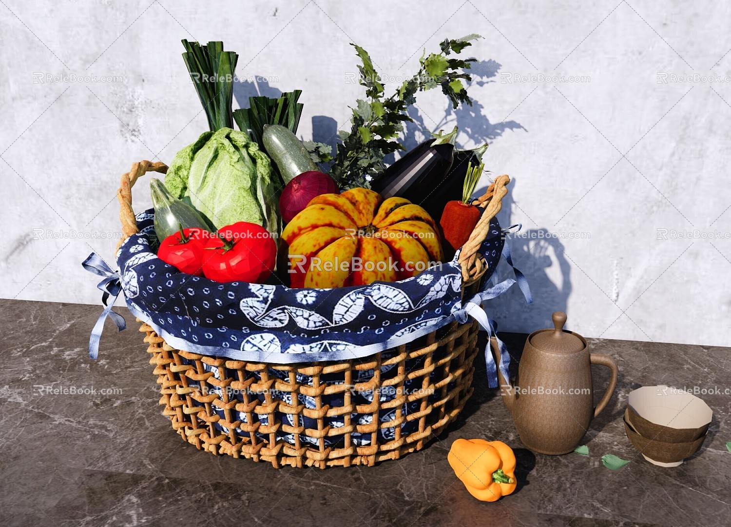 Modern Ornaments Combination Fruit and Vegetable Combination Bamboo Vegetable Basket Vegetable Basket Farm Vegetable Decorative Basket Pumpkin Cabbage Tomato model