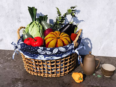 Fresh Assorted Vegetables in Wicker Basket with Blue and White Patterned Cloth on Gray Countertop 3d model