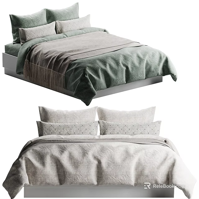 Double Bed With Green Blanket Gray Linen Pillows In Modern Bedroom 3d model 