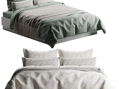 Double Bed With Green Blanket Gray Linen Pillows In Modern Bedroom 3d model