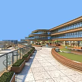 Modern Commercial Street District With Green Roof Buildings And Waterfront Area