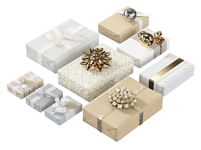 Ornament Decoration Set with Assorted Gift Boxes White Beige Gold Bows and Baubles 3d model