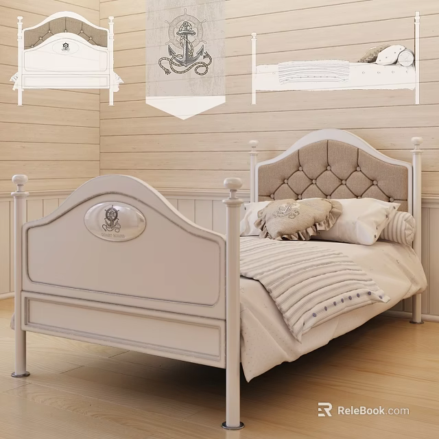 Cozy Single Bed Interior With Tufted Headboard Striped Bedspread Decorative Pillows And Wooden Walls 3d model 