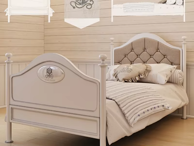 Cozy Single Bed Interior With Tufted Headboard Striped Bedspread Decorative Pillows And Wooden Walls 3d model
