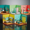 Cartoon Style Colorful Multi Room Model With Kitchen Living Room Bedroom And Decorative Furniture