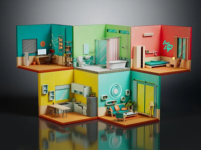 Cartoon Style Colorful Multi Room Model With Kitchen Living Room Bedroom And Decorative Furniture 3d model