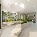 Modern Leisure Area Interior With Curved Seating Green Plants And Large Windows