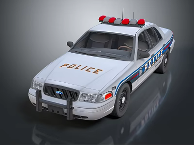White Police Car With Red Blue Emergency Lights Stripes And POLICE Lettering 3d model