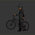Man in Checkered Racing Suit Standing with Mountain Bicycle and Helmet