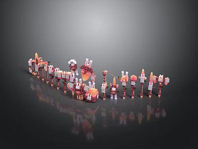 Colorful Miniature Scene Components Arranged In Row With Red White Orange Elements 3d model