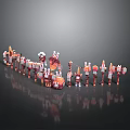 Colorful Miniature Scene Components Arranged In Row With Red White Orange Elements
