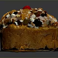 Freshly Baked Cake Topped With Walnuts Chocolate Chips Cherry And Icing
