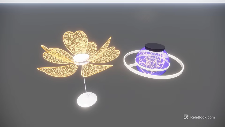 Golden Flower Shaped and Purple Circular Illuminated Decorative Lights with Twisted Lines Design 3d model 