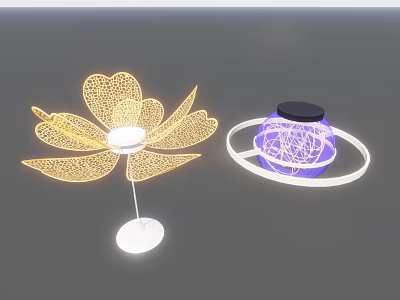 Golden Flower Shaped and Purple Circular Illuminated Decorative Lights with Twisted Lines Design 3d model