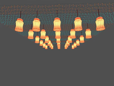 Many Beautiful Orange Lanterns Hanging From Ceiling With Decorative Lights 3d model