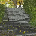 Stone Steps Path Surrounded By Green Bushes Yellow Fallen Leaves And Trees 3d model