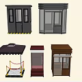 Multiple Security Booth Structures With Various Designs Glass Panels And Warning Stripes 3d model