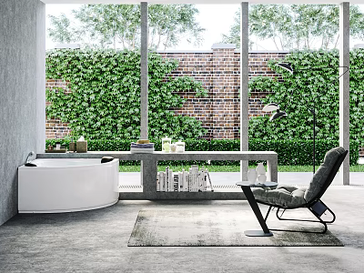 Modern Bathtub In Bright Bathroom With Greenery View 3d model