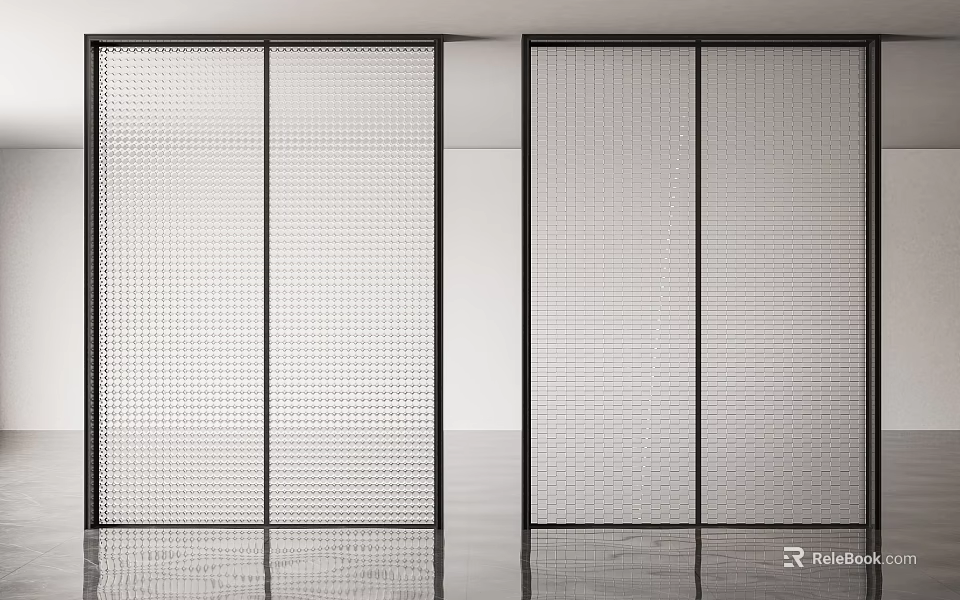 Modern Sliding Doors With Patterned Glass And Black Frames In Interior Design 3d model
