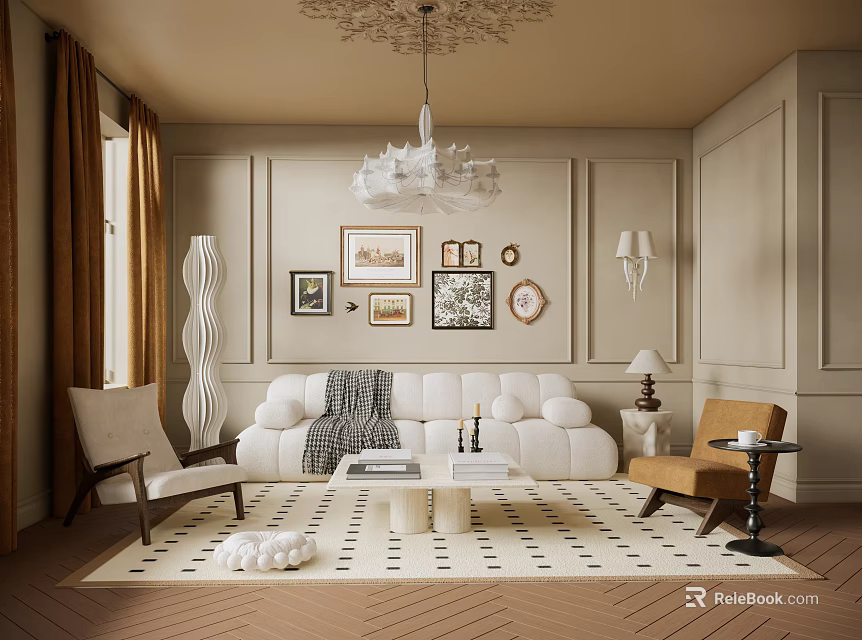 Luxurious Living and Dining Room Interior With Beige Walls Ornate Chandelier White Sofa Framed Artworks 3d model 