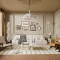 Luxurious Living and Dining Room Interior With Beige Walls Ornate Chandelier White Sofa Framed Artworks