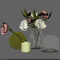 Decorative Glass Vases With Pink And White Peonies And Fresh Green Leaves