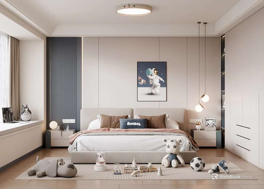Modern Kids Room Interior With Bed Stuffed Toys Soccer Ball Rug And Wall Art 3d model 