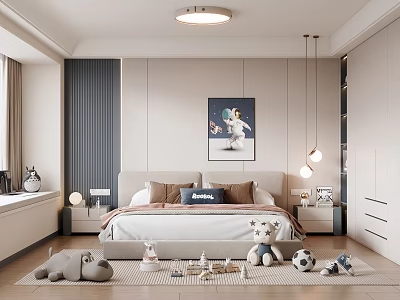 Modern Kids Room Interior With Bed Stuffed Toys Soccer Ball Rug And Wall Art 3d model