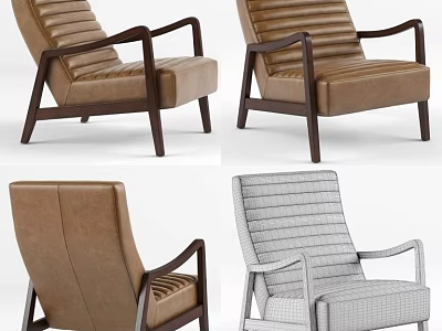 Single Sofa Chair with Wooden Arms Brown Leather and Gray Fabric Modern Design 3d model