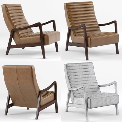 Single Sofa Chair with Wooden Arms Brown Leather and Gray Fabric Modern Design 3d model