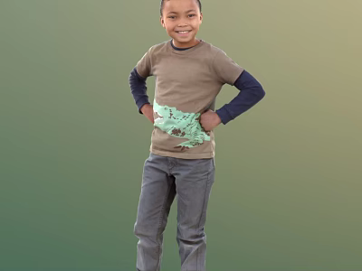 Boy in Brown T-shirt Dark Blue Sleeves Green Graphic Standing Hands on Hips Green Background 3d model