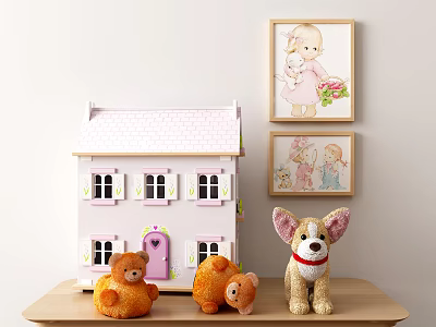 Cute Stuffed Dolls with Orange Plush Bears Brown Dog and Pink Roof Dollhouse 3d model