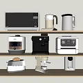 Essential Kitchen Appliances Arranged On Shelves Including Microwave Kettle Rice Cooker Coffee Machine And Toaster