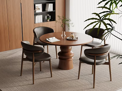 Modern Dining Area With Round Wooden Table Black Chairs And Green Plants 3d model