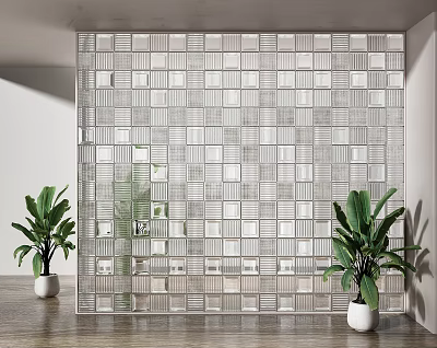 Modern Geometric Glass Block Partition With Green Plants In Interior Space 3d model