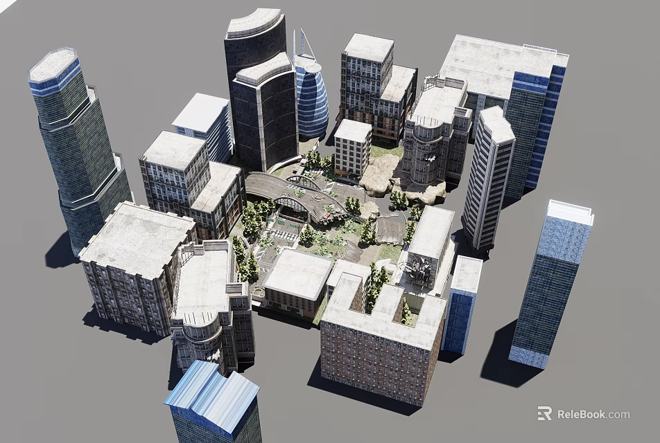 Urban Architectural Model Featuring Modern Skyscrapers Diverse Building Designs And Central Green Space 3d model 