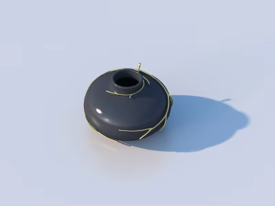 Black Ceramic Vessel With Golden Lines Wrapped Around On Light Blue Background And Shadow 3d model