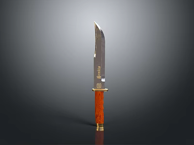 Tactical Hunting Knife With Sharp Metal Blade Wooden Handle And Golden Accents 3d model